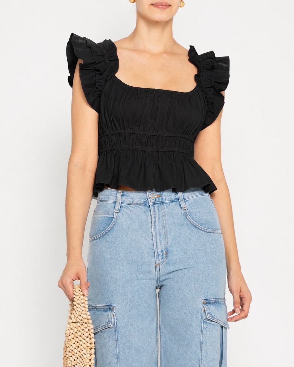 Kourt Avery Top Ruffled Cinched Waist Black Minimalist Peplum Top NWT Small